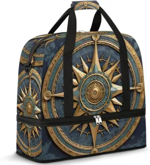 Vintage Ocean Compass Travel Duffel Bag for Women Men Weekender Overnight Bag with Shoe Compartment Foldable Sports Gym Luggage Bag