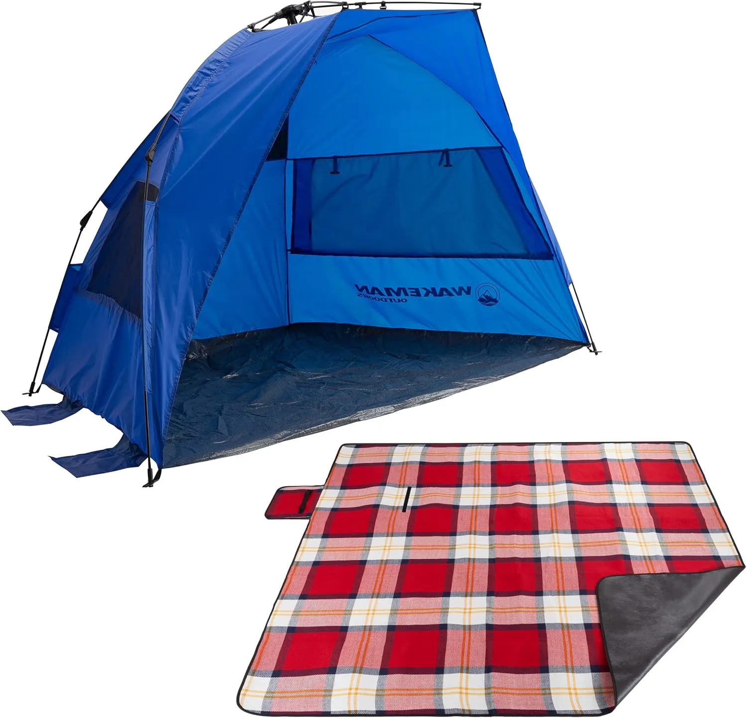 Wakeman Outdoors Pop Up Blue Beach Tent with UV Protection, Water and Wind Resistant - Comes with Red Oversized Waterproof Picnic Blanket for Outdoors
