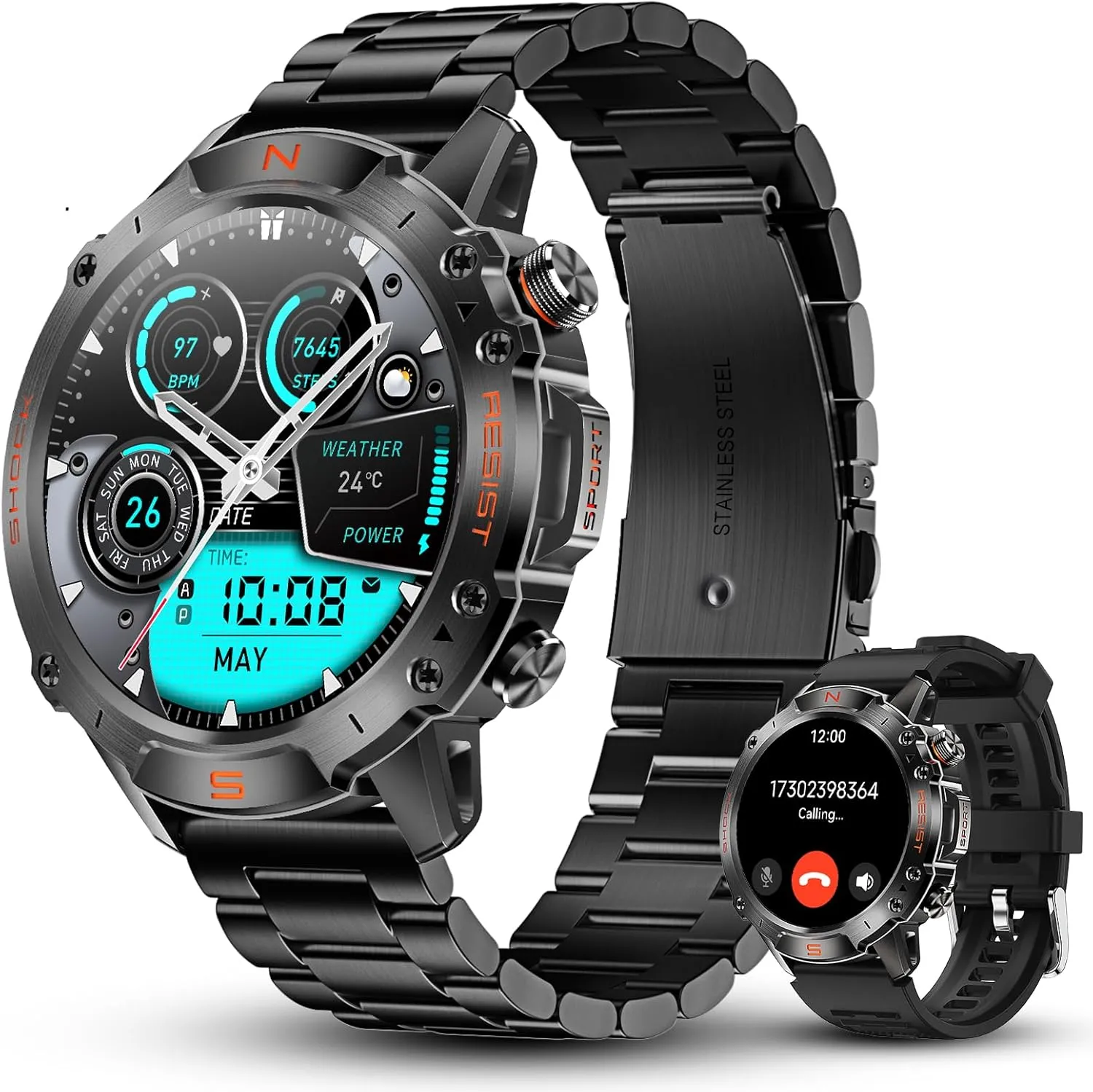 WalkerFit Military Smart Watch for Men – Bluetooth Call, Heart Rate & Sleep Tracker, 3ATM Waterproof for Swim Fitness Watch with 8-Day Battery, 170  Sports Modes, Android/iOS Compatible(1.43" Round)​​
