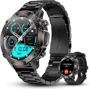 WalkerFit Military Smart Watch for Men – Bluetooth Call, Heart Rate & Sleep Tracker, 3ATM Waterproof for Swim Fitness Watch with 8-Day Battery, 170  Sports Modes, Android/iOS Compatible(1.43" Round)​​