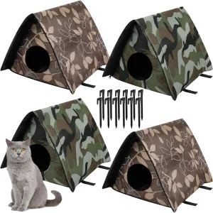 Wenqik 4 Pcs Small Stray Cat Shelter, Waterproof Outdoor Cat House Foldable Warm Pet Cave Winter Animal Tent Bed Anti Slip Kitten Cave for Feral Puppy Weatherproof(Foliage,15.3 x 12.8 x 12.6 in)