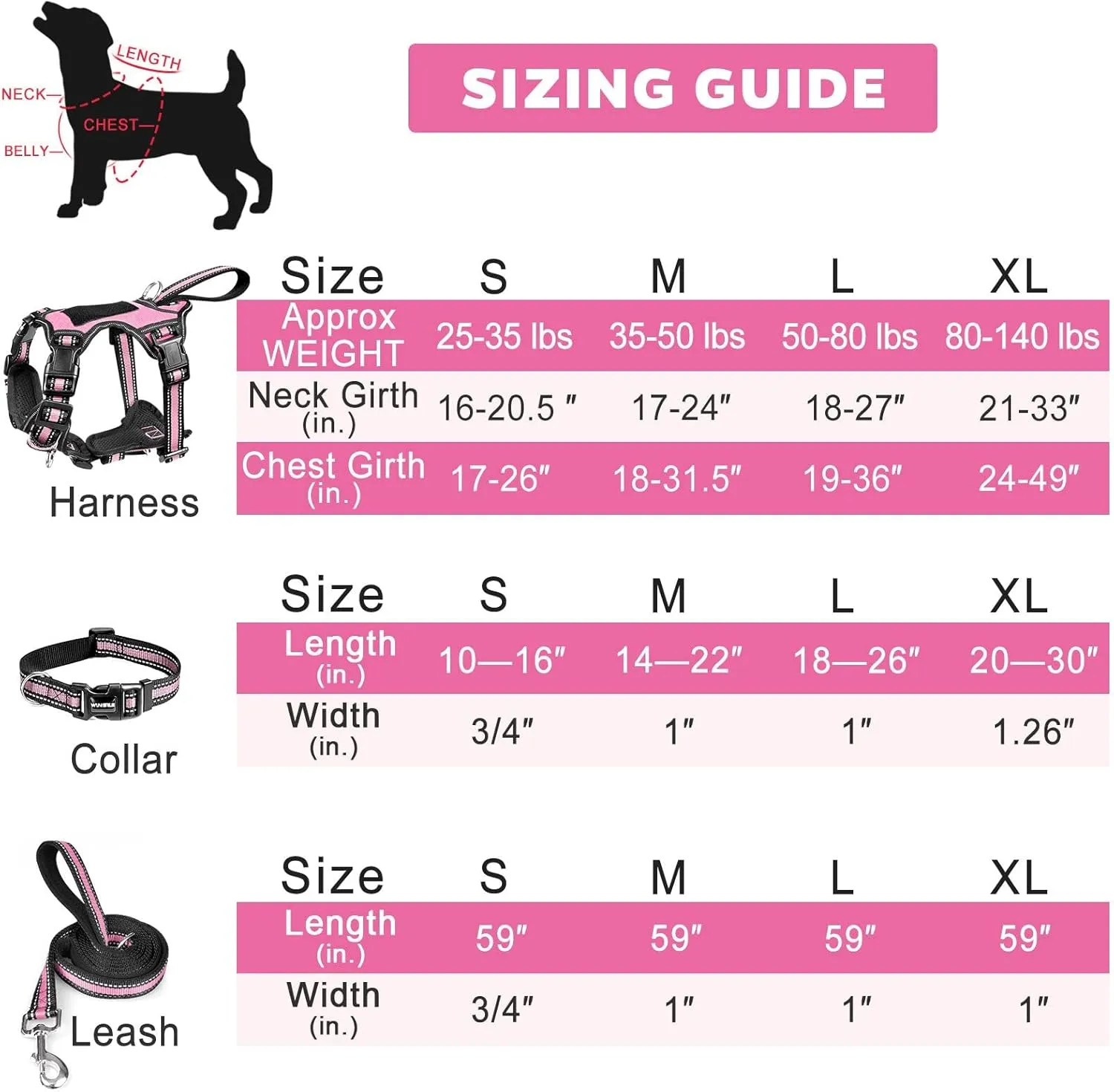 WINSEE Pet Harness Collar and Leash Set, All-in-one Reflective Dog Harness No Pull with Adjustable Buckles for Puppies, Small, Medium, Large, and Extra-Large Dogs (Large, Pink)