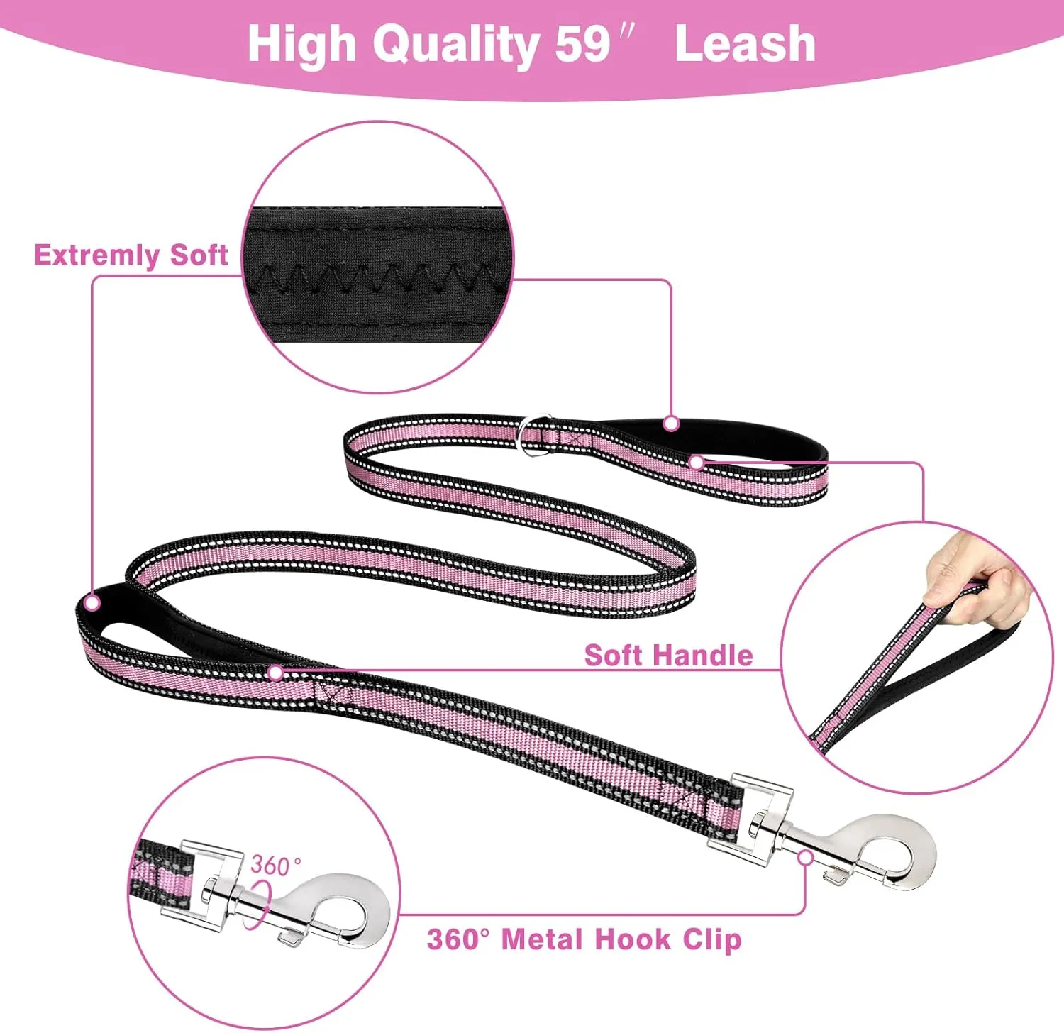 WINSEE Pet Harness Collar and Leash Set, All-in-one Reflective Dog Harness No Pull with Adjustable Buckles for Puppies, Small, Medium, Large, and Extra-Large Dogs (Large, Pink)