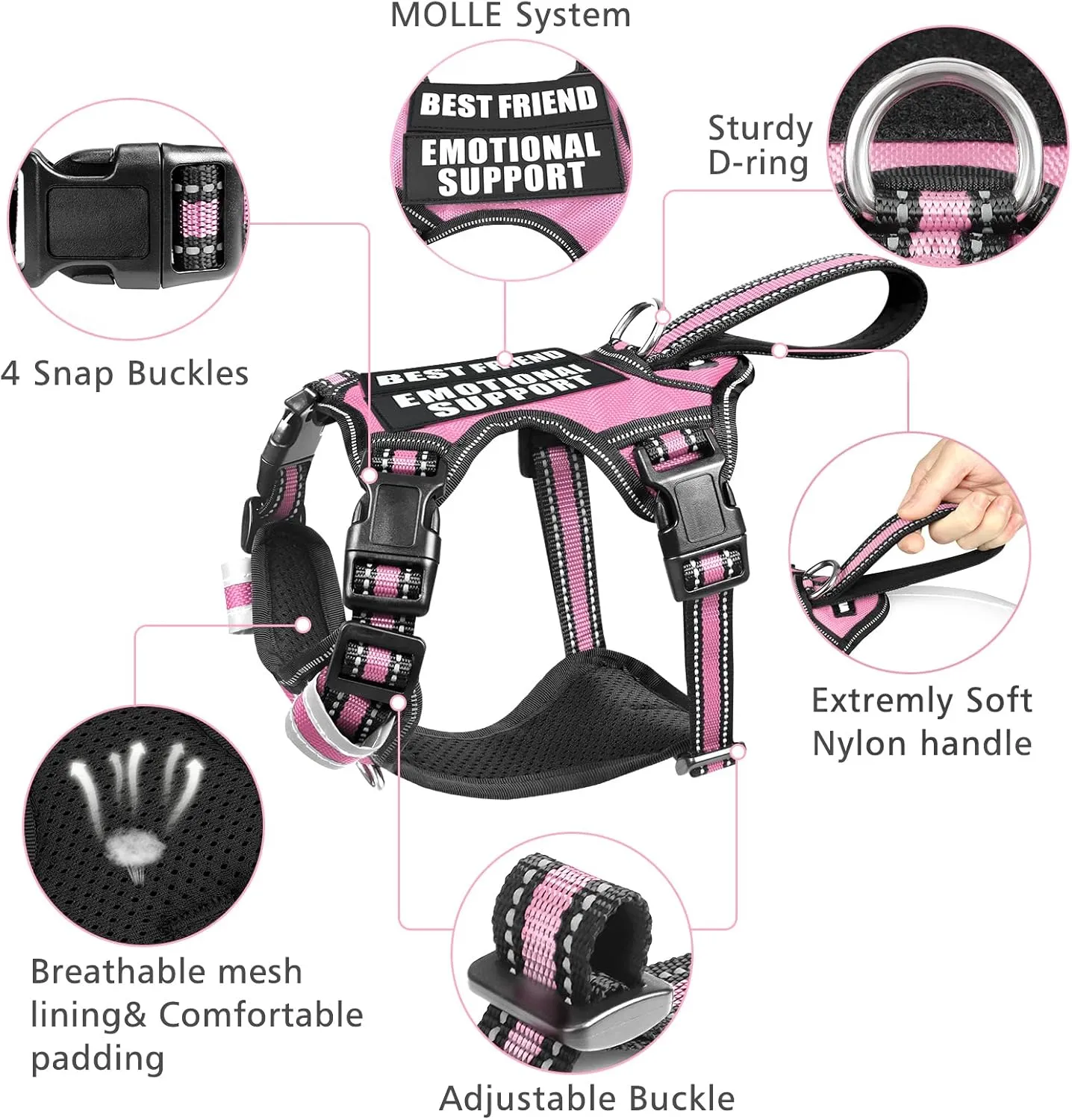 WINSEE Service Dog Vest No Pull Dog Harness with 7 Dog Patches, Reflective Pet Harness with Durable Soft Padded Handle for Training Small, Medium, Large, and Extra-Large Dogs (Medium, Pink)