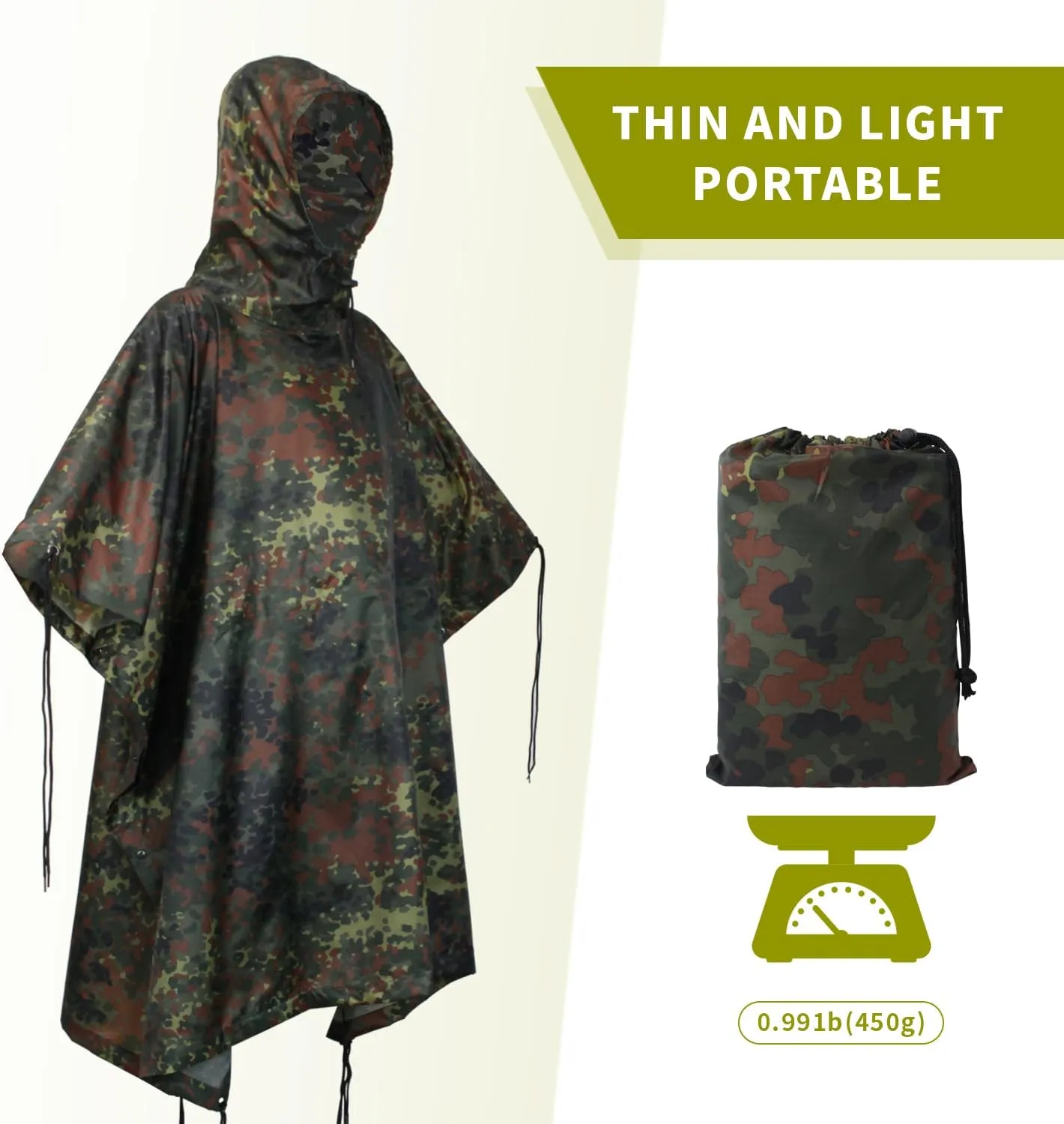 WINWAY Military Rain Poncho Camouflage Poncho Waterproof Lightweight Raincoat for Outdoor Hunting Hiking Camping