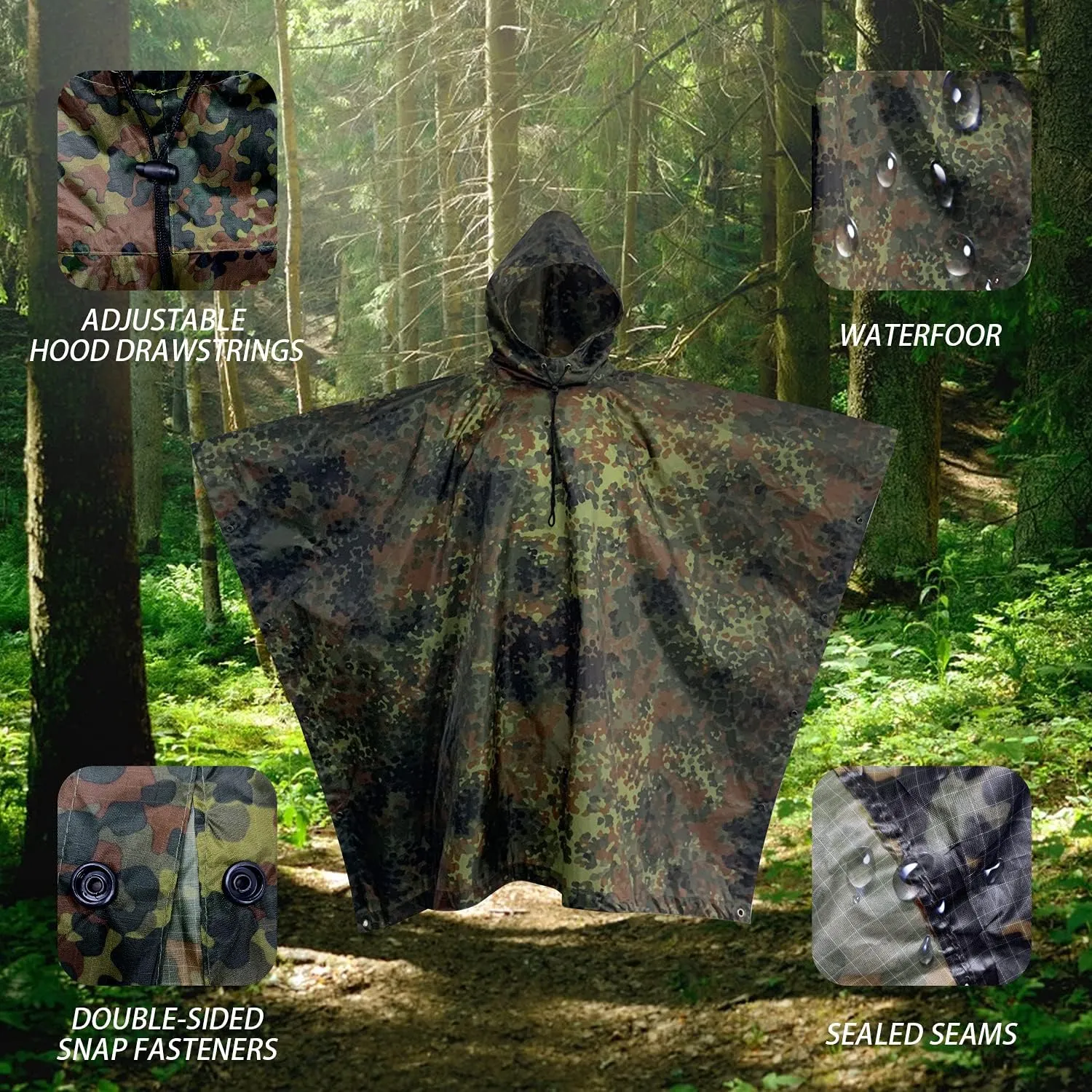 WINWAY Military Style Poncho Multi Use Rip-Stop Camouflage Raincoat