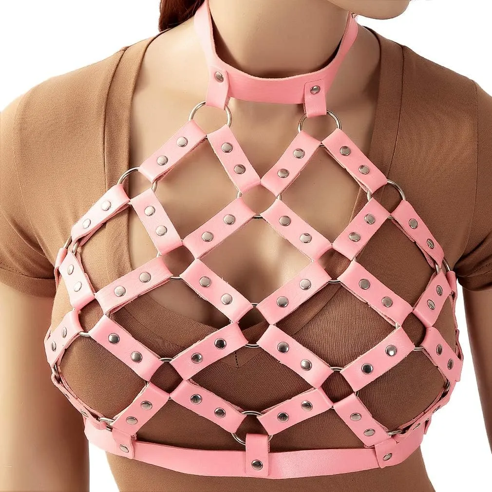 Women Punk Leather Harness Bra Body Cage Crop Tops Bondage Waist Belt Adjust Festival Rave Halloween Costume