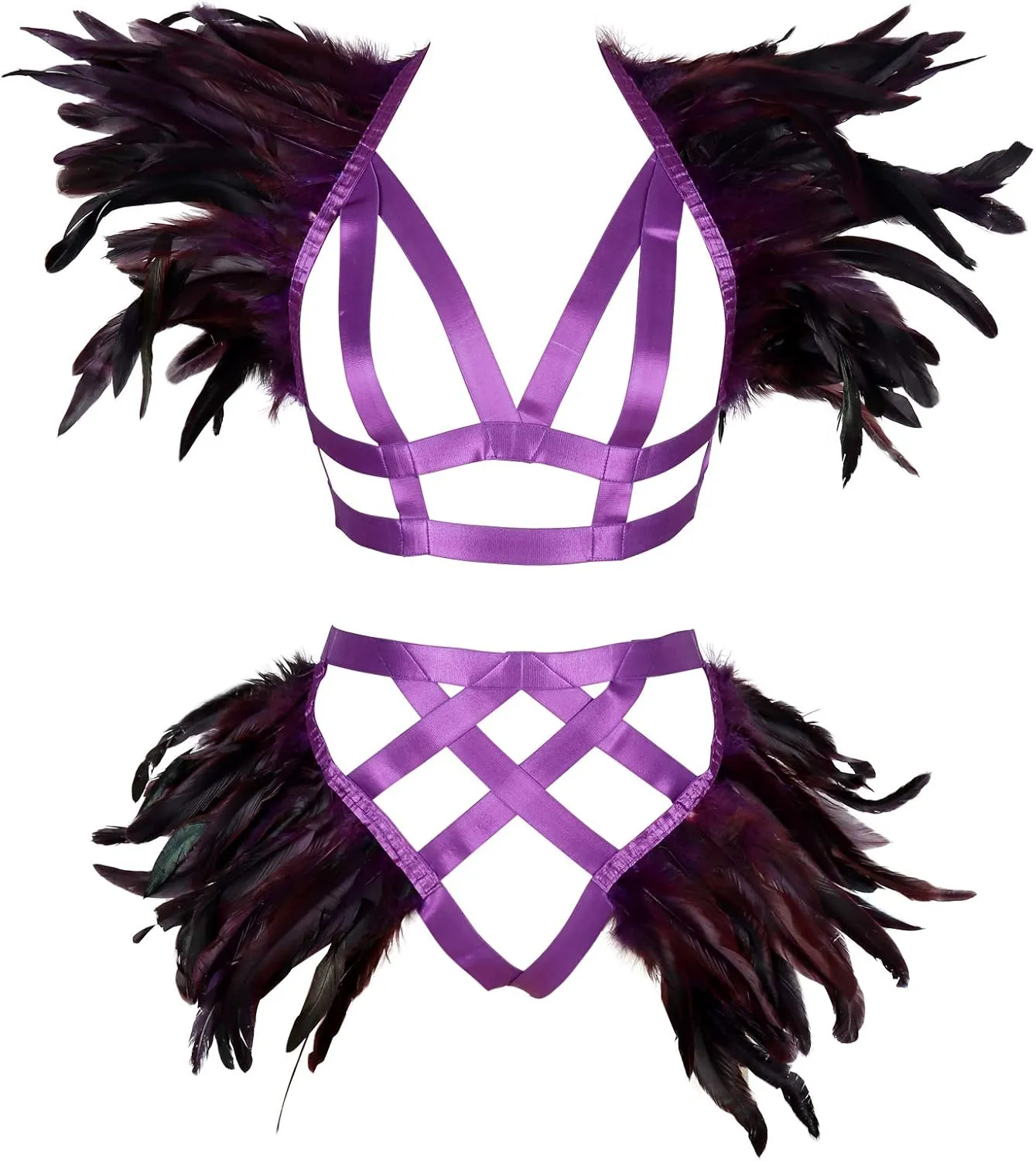 Women's Feathers Body Harness Epaulets Wings Punk Gothic Leg Garter Photography Clothing Accessories(