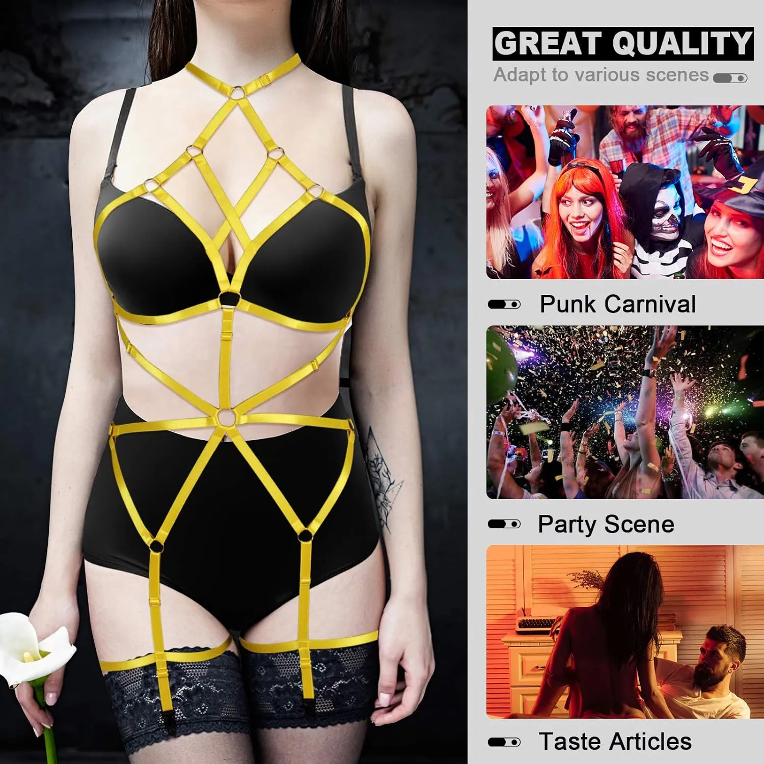 Women's Lingerie cage Set Full Body Harness Bra Garter Punk Gothic Belt Festival Rave Adjustable Strap Stretchy Fabric