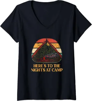 Womens Nights at Camp Camping Forest Camper Jungle Vacation Holiday V-Neck T-Shirt