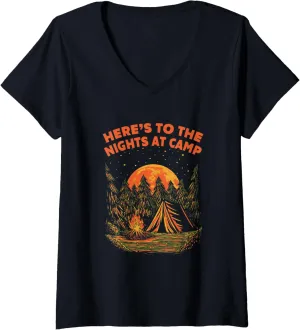 Womens Nights at Camp Camping Forest Camper Jungle Vacation Holiday V-Neck T-Shirt
