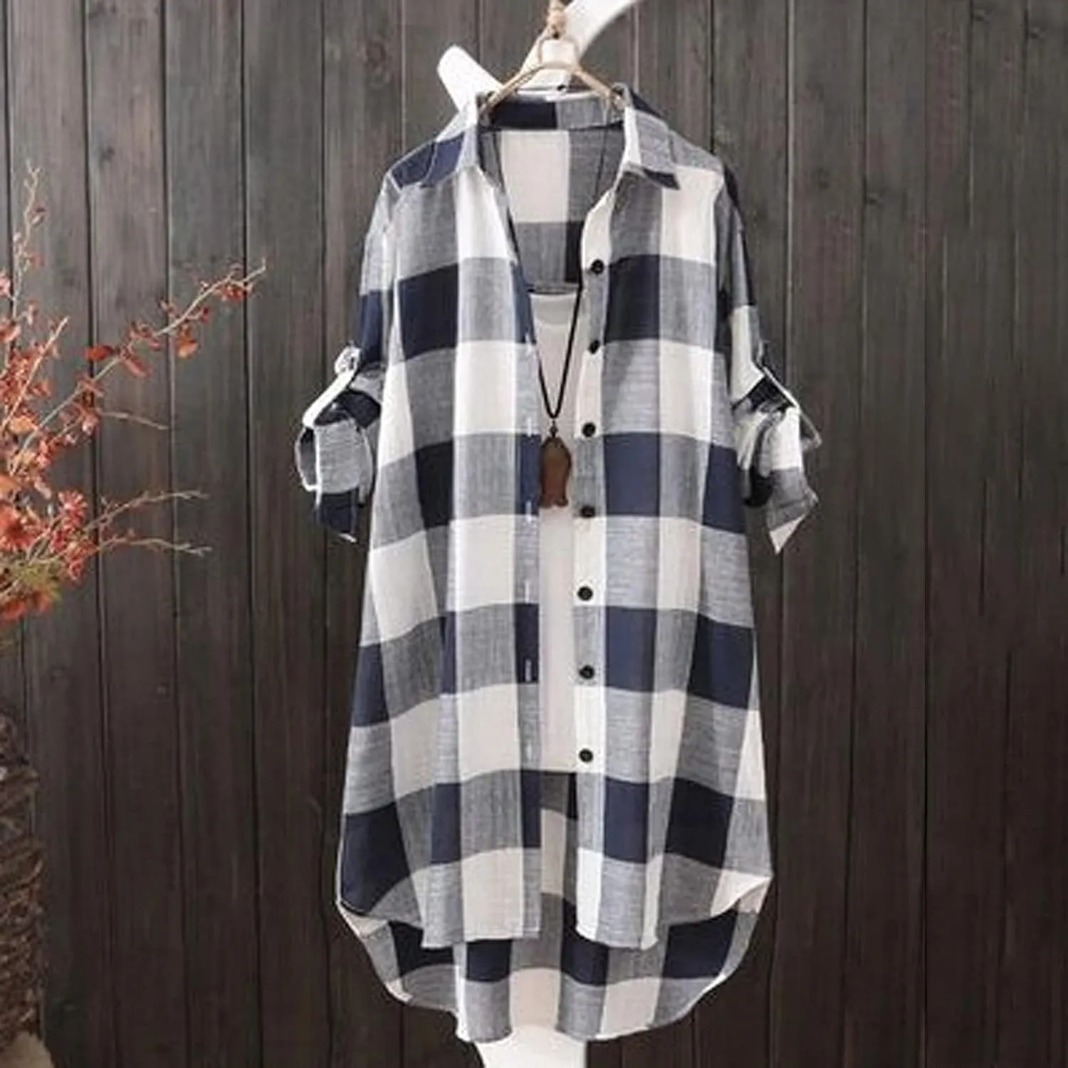Women's Oversized Flannel Plaid Linen Shirts Camp Button Down Roll Up Sleeve Shirts Western Poplin Check Tunic Tops