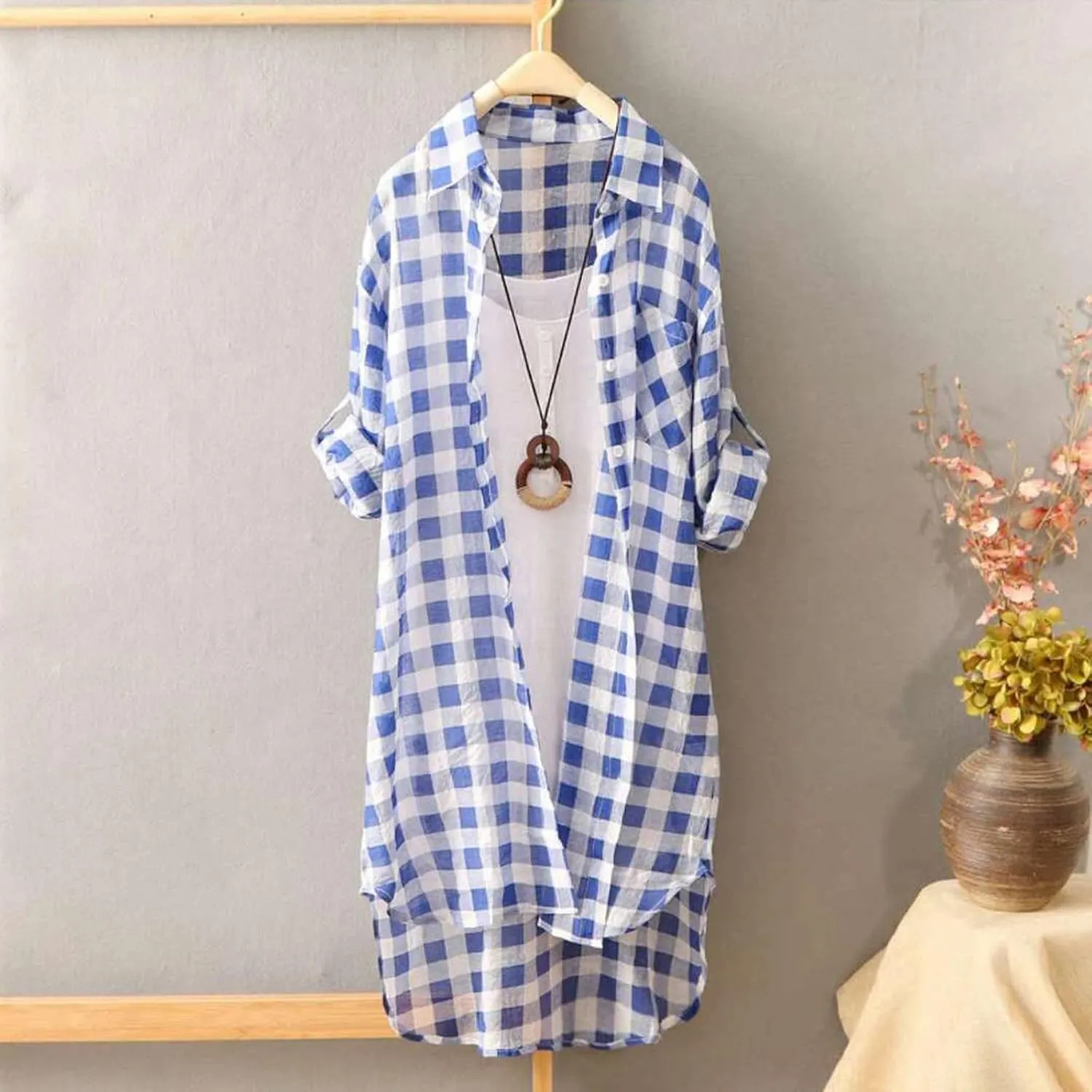 Women's Oversized Flannel Plaid Linen Shirts Camp Button Down Roll Up Sleeve Shirts Western Poplin Check Tunic Tops