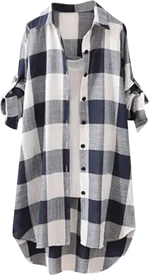 Women's Oversized Flannel Plaid Linen Shirts Camp Button Down Roll Up Sleeve Shirts Western Poplin Check Tunic Tops
