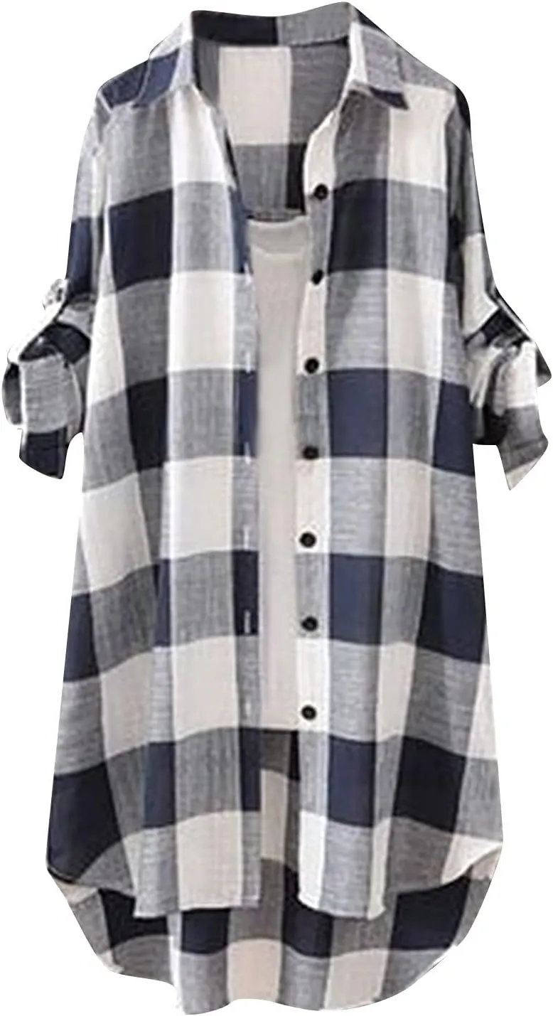 Women's Oversized Flannel Plaid Linen Shirts Camp Button Down Roll Up Sleeve Shirts Western Poplin Check Tunic Tops
