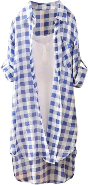 Women's Oversized Flannel Plaid Linen Shirts Camp Button Down Roll Up Sleeve Shirts Western Poplin Check Tunic Tops