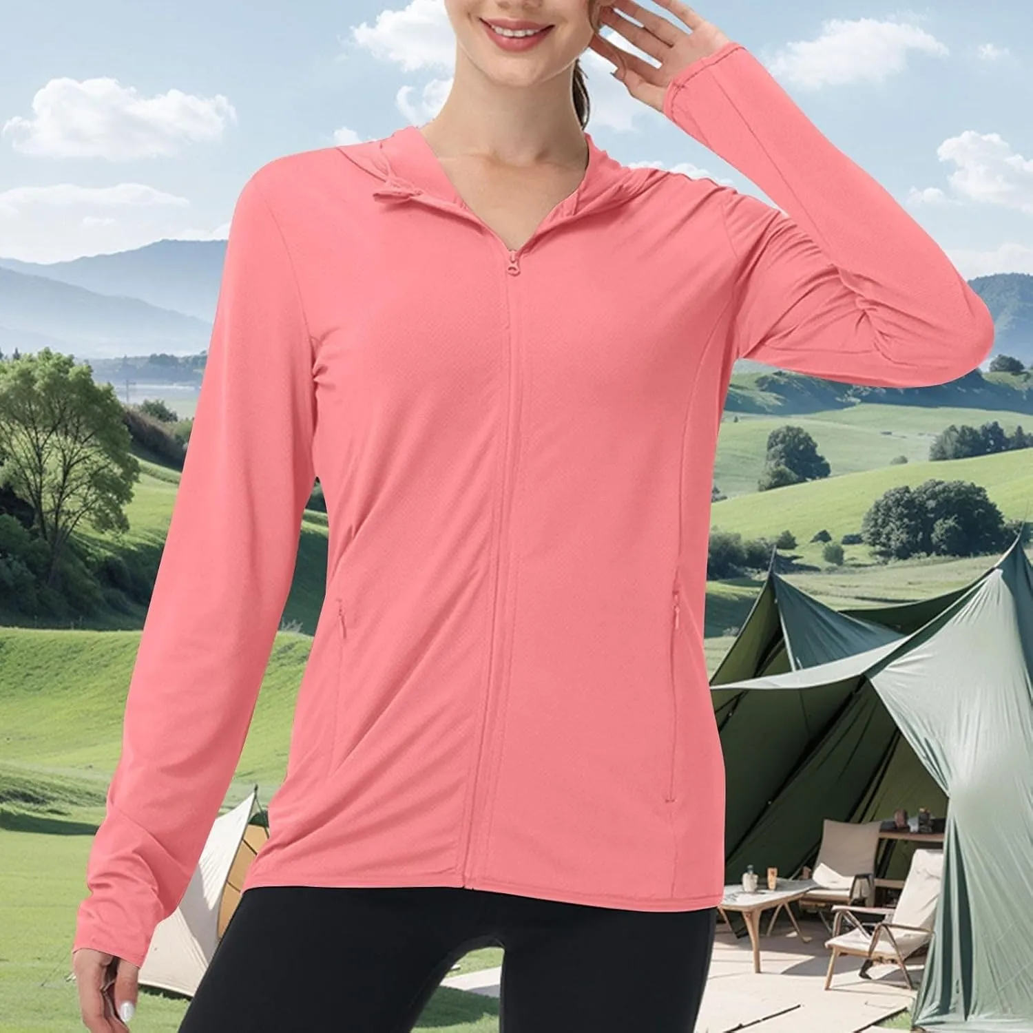 Womens UPF 50  Sun Protection Hoodie Long Sleeve Zip Up SPF UV Shirt Fishing Hiking Outdoor Summer Lightweight Jacket