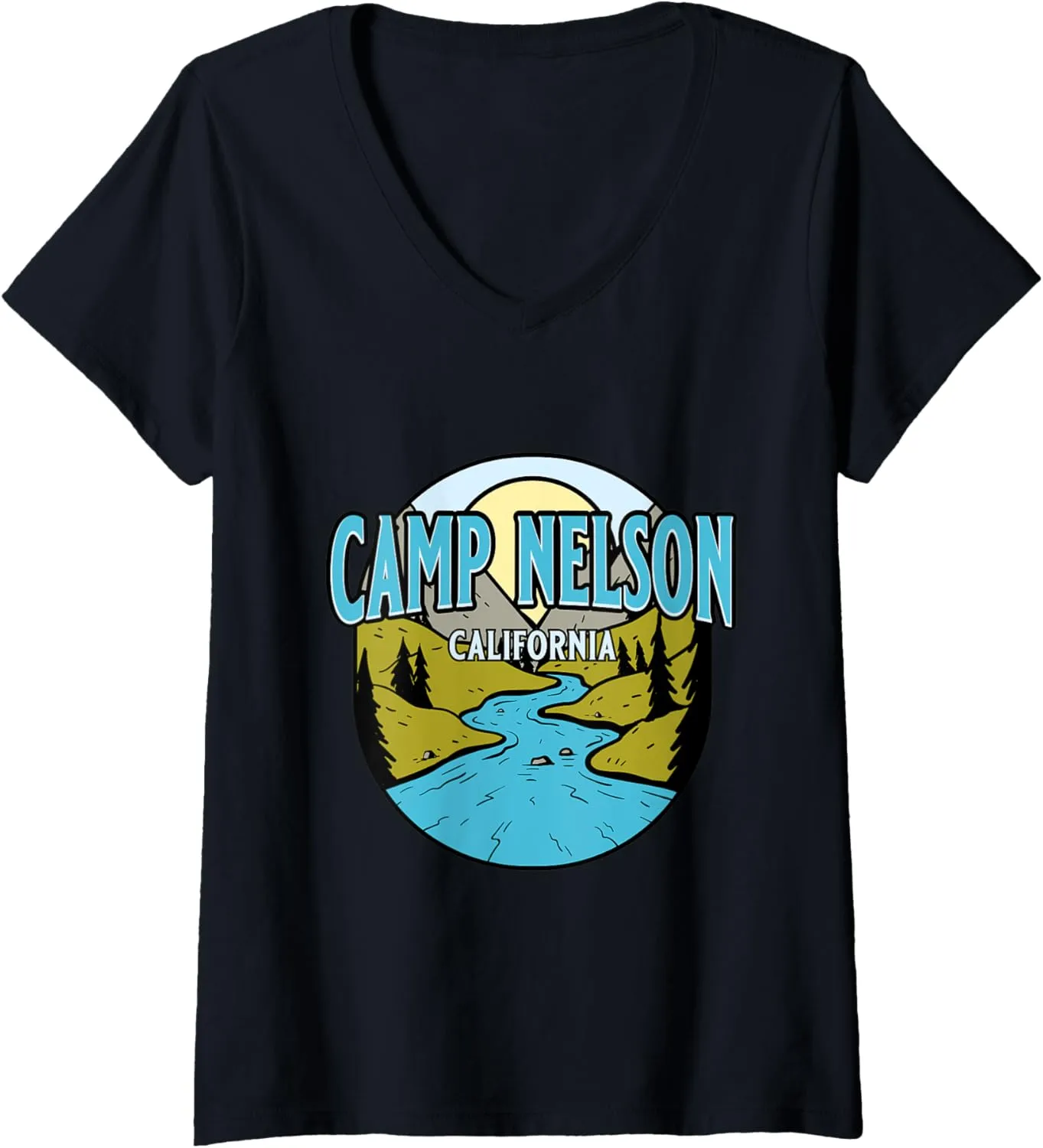 Womens Vintage Camp Nelson, California River Valley Souvenir Print V-Neck T-Shirt