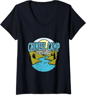Womens Vintage Chinese Camp, California River Valley Souvenir Print V-Neck T-Shirt