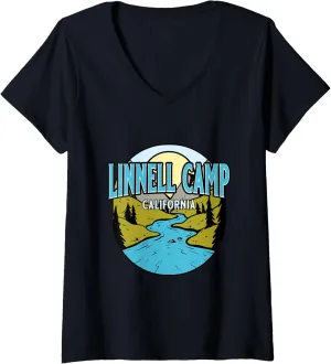 Womens Vintage Linnell Camp, California River Valley Souvenir Print V-Neck T-Shirt