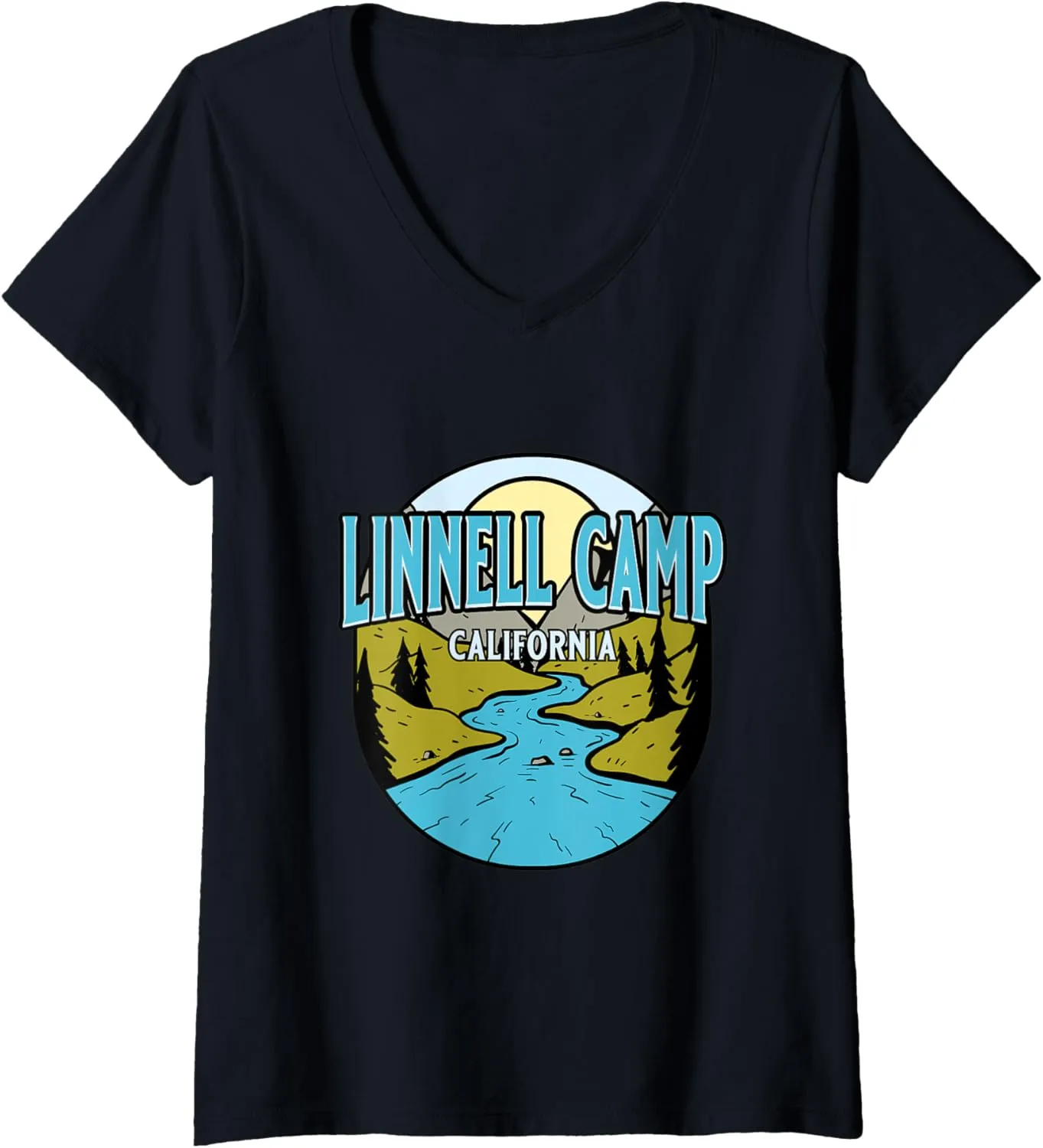 Womens Vintage Linnell Camp, California River Valley Souvenir Print V-Neck T-Shirt