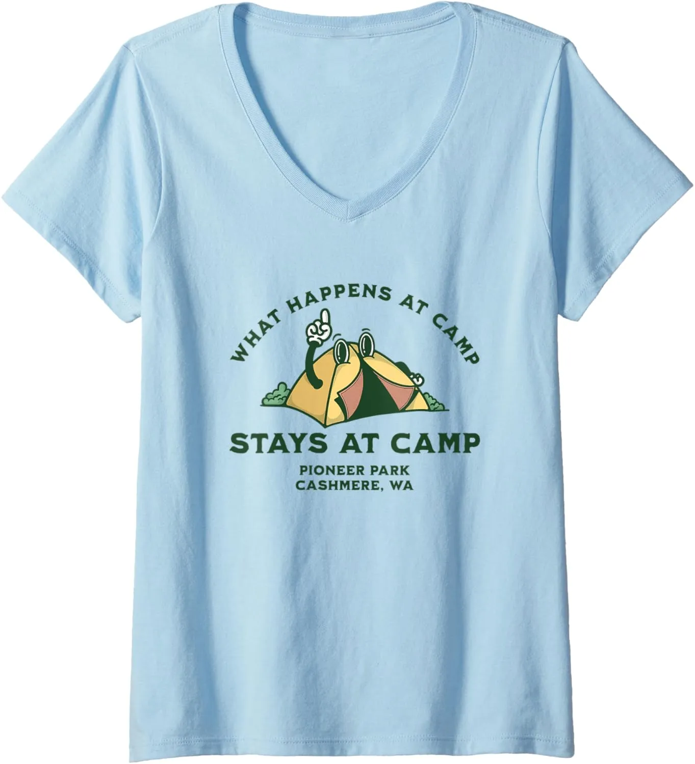 Womens What Happens At Camp, Pioneer Park, Cashmere, WA V-Neck T-Shirt