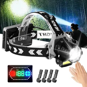 Yoobao LED Headlamp Rechargeable, 120000 Lumens Super Bright Flashlight,12 Motion Modes, Zoomable, IPX6 Waterproof, Battery Powered Head Lamp for Adults Camping, Hunting, Hiking