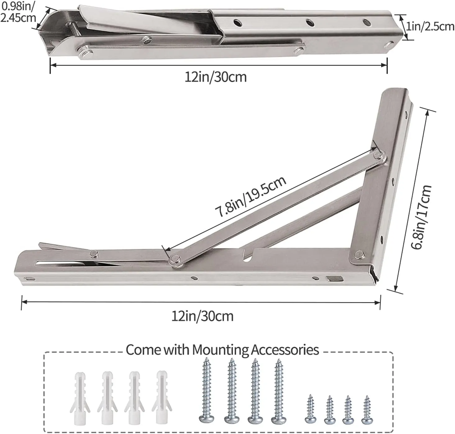 YUMORE Folding Shelf Brackets 12", Max Load: 330lb Heavy Duty Stainless Steel Collapsible Shelf Bracket for Table Work Bench, Space Saving DIY Bracket, Pack of 2