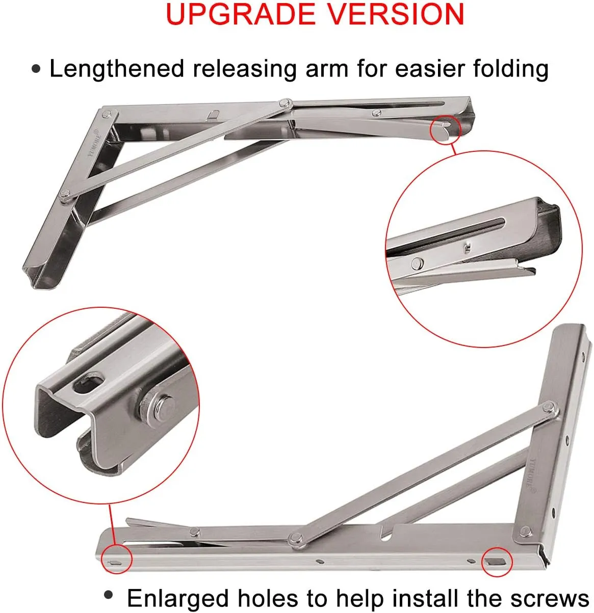 YUMORE Folding Shelf Brackets 12", Max Load: 330lb Heavy Duty Stainless Steel Collapsible Shelf Bracket for Table Work Bench, Space Saving DIY Bracket, Pack of 2