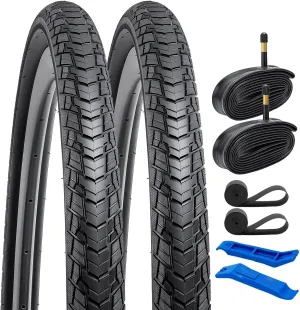 YUNSCM 2-PCS 700C Road Bike Tires 700x38C/40-622 and 700C Bike Tubes Schrader Valve with 2 Rim Strips Compatible with 700x36C 700x37C 700 x 38C 700x39C 700x40C Bike Bicycle Tires and Tubes (Y-1128)