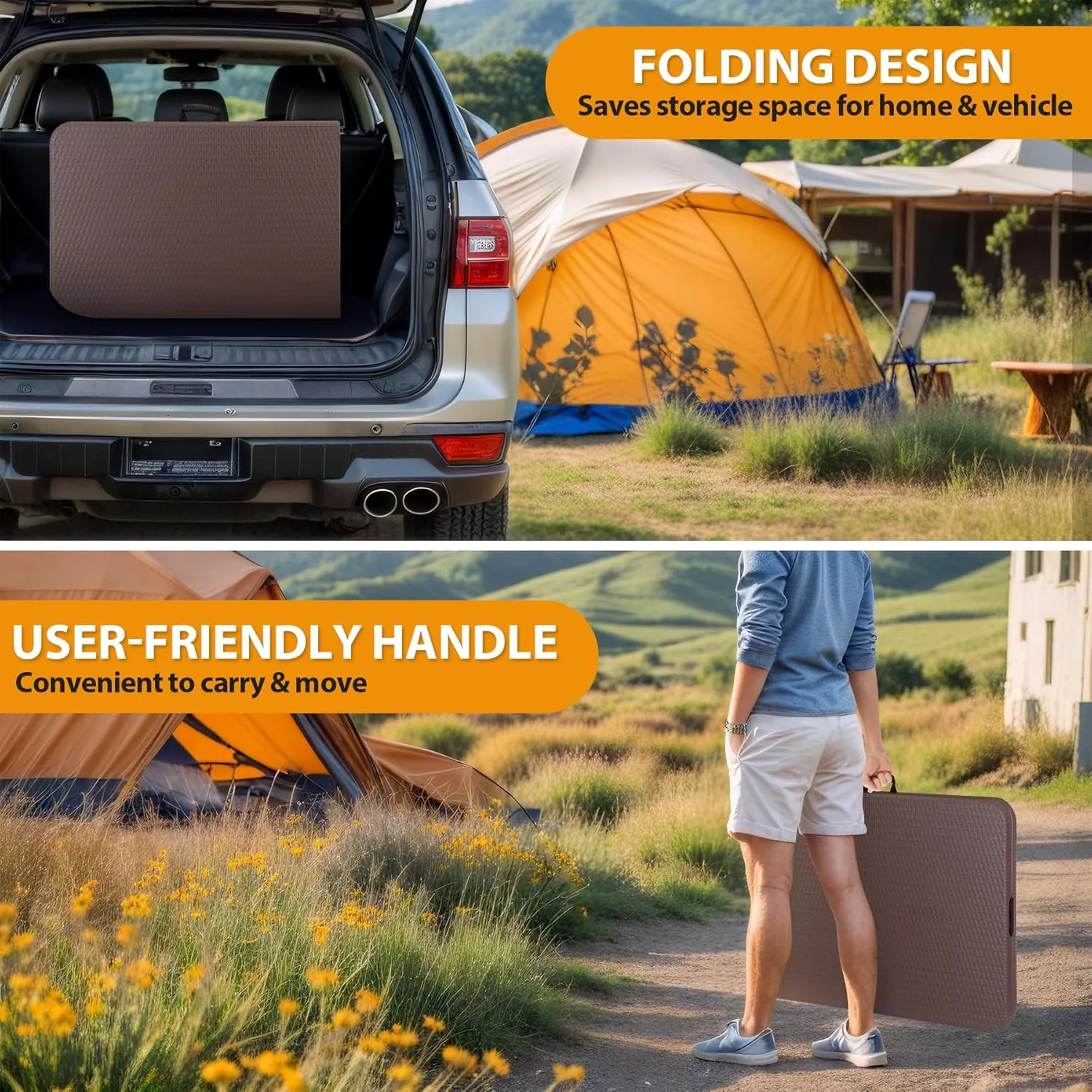 ZenStyle Indoor Outdoor Heavy Duty Plastic Folding Table Portable Picnic Table Fold-in-Half Utility Table w/Handle and Steel Legs for Camping, Dining, Party (Brown, 6ft)