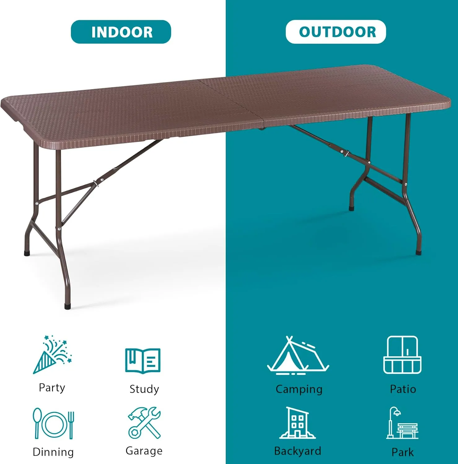 ZenStyle Indoor Outdoor Heavy Duty Plastic Folding Table Portable Picnic Table Fold-in-Half Utility Table w/Handle and Steel Legs for Camping, Dining, Party (Brown, 6ft)