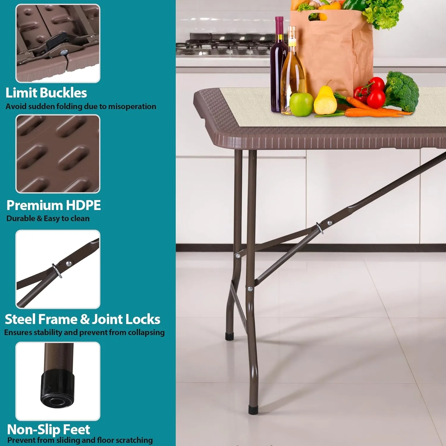 ZenStyle Indoor Outdoor Heavy Duty Plastic Folding Table Portable Picnic Table Fold-in-Half Utility Table w/Handle and Steel Legs for Camping, Dining, Party (Brown, 6ft)