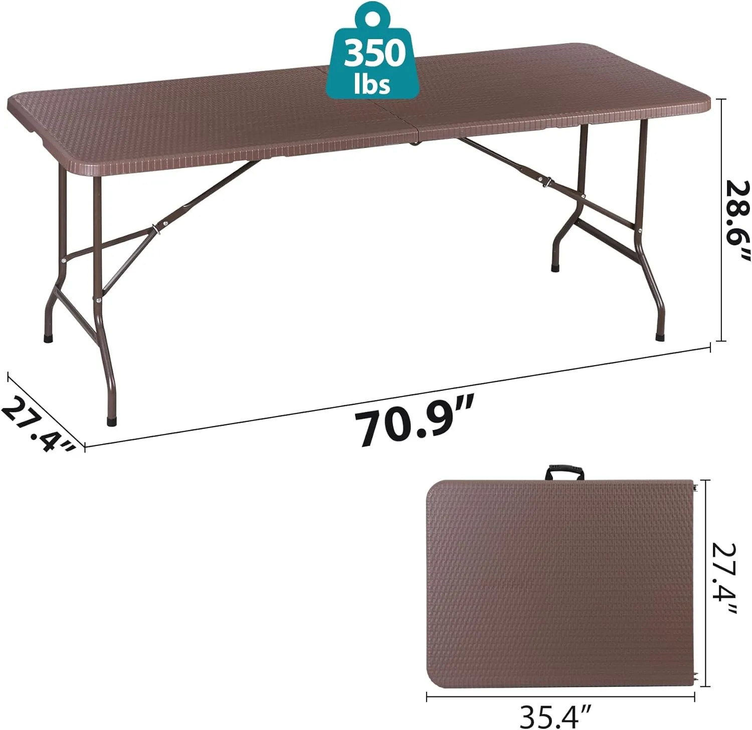 ZenStyle Indoor Outdoor Heavy Duty Plastic Folding Table Portable Picnic Table Fold-in-Half Utility Table w/Handle and Steel Legs for Camping, Dining, Party (Brown, 6ft)