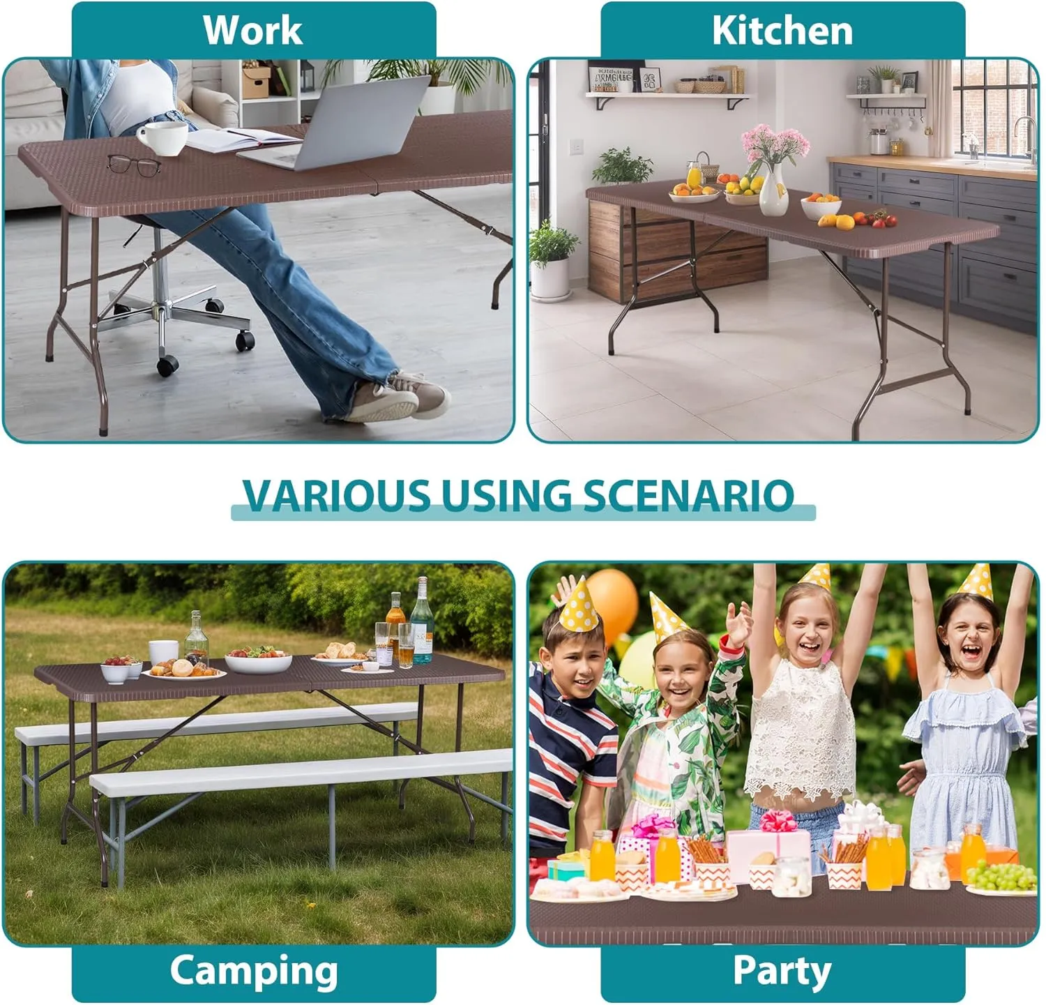 ZenStyle Indoor Outdoor Heavy Duty Plastic Folding Table Portable Picnic Table Fold-in-Half Utility Table w/Handle and Steel Legs for Camping, Dining, Party (Brown, 6ft)