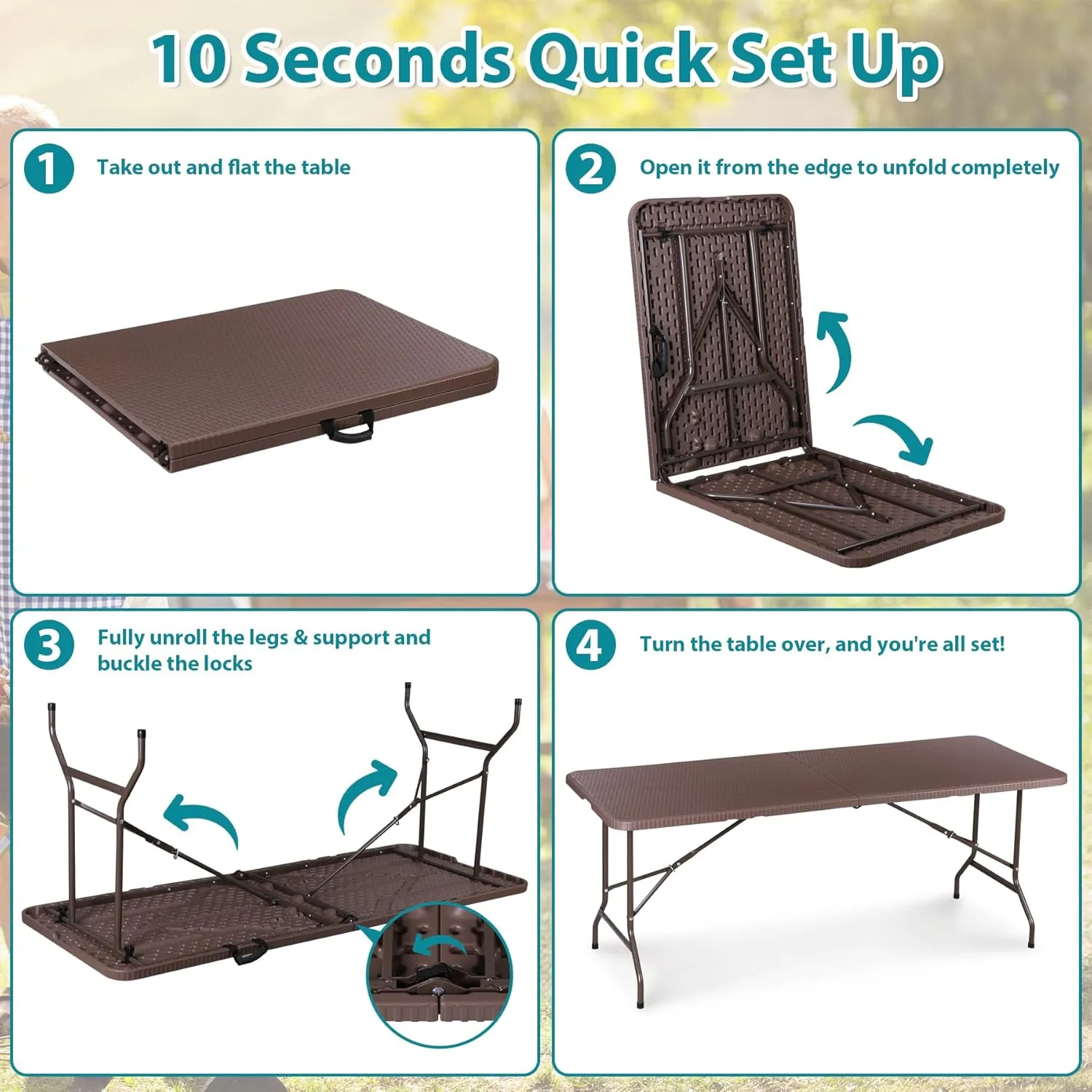 ZenStyle Indoor Outdoor Heavy Duty Plastic Folding Table Portable Picnic Table Fold-in-Half Utility Table w/Handle and Steel Legs for Camping, Dining, Party (Brown, 6ft)