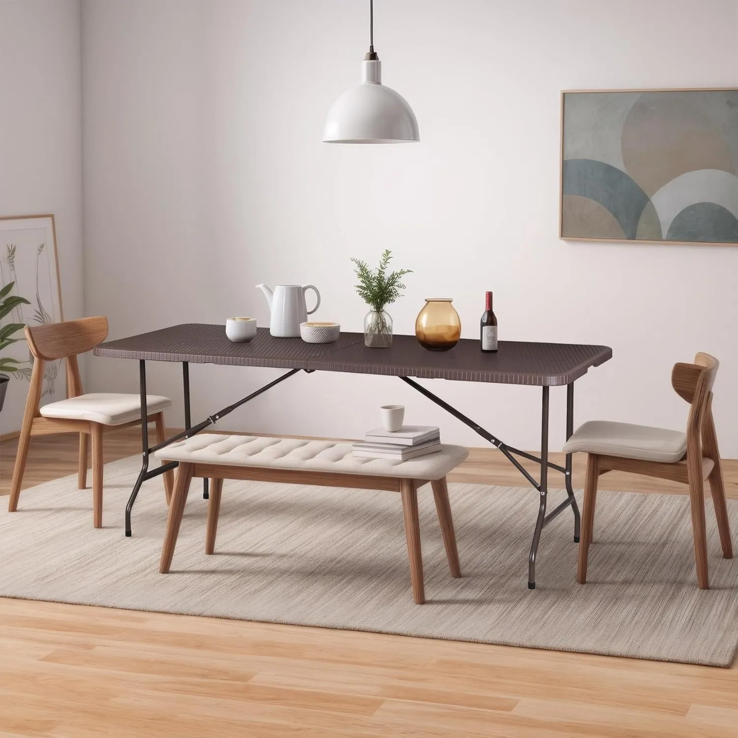 ZenStyle Indoor Outdoor Heavy Duty Plastic Folding Table Portable Picnic Table Fold-in-Half Utility Table w/Handle and Steel Legs for Camping, Dining, Party (Brown, 6ft)