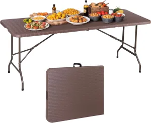 ZenStyle Indoor Outdoor Heavy Duty Plastic Folding Table Portable Picnic Table Fold-in-Half Utility Table w/Handle and Steel Legs for Camping, Dining, Party (Brown, 6ft)