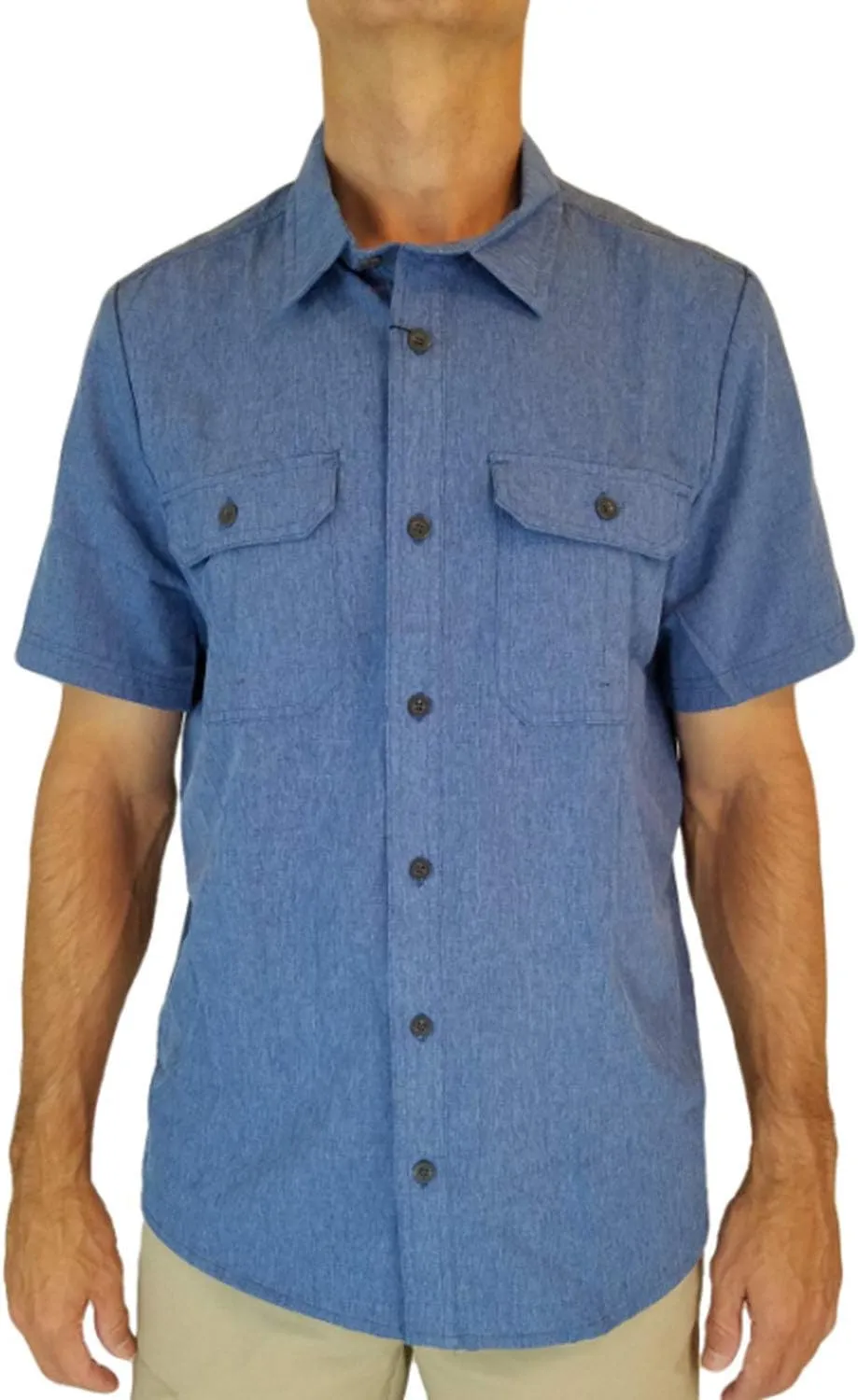 ZeroXposur Men's UPF 30  Short Sleeve Lightweight Travel Camp Hiking Shirt (Small, Heather Denim)
