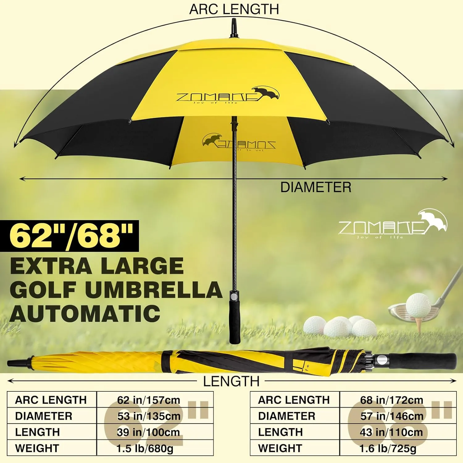 ZOMAKE 62/68 Inch Golf Umbrella Large Oversized Golf Stick Umbrella Windproof Automatic Open with Double Canopy Vented Waterproof for Rain